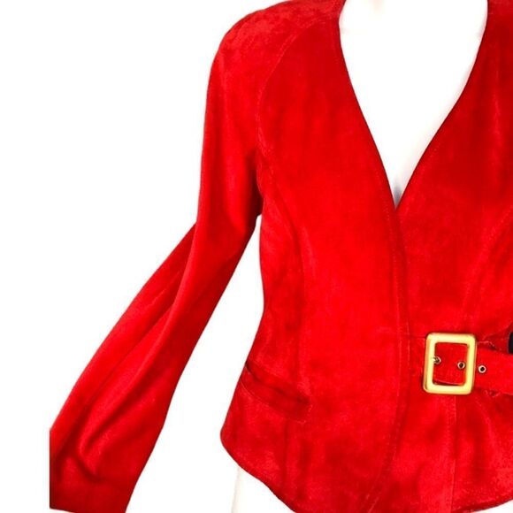 Retro 80s Danier Leather Genuine Suede Red Siren Shoulder Pads Fitted Jacket XS - Picture 3 of 9